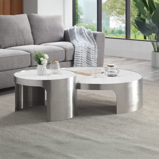 Acme Abilene Nesting Marble Top & Brush Silver Coffee Table Set