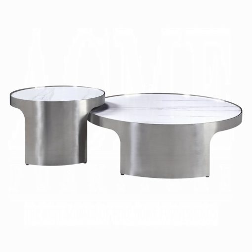 Acme Abilene Nesting Marble Top & Brush Silver Coffee Table Set - Image 3