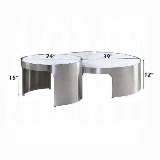 Acme Abilene Nesting Marble Top & Brush Silver Coffee Table Set - Image 5