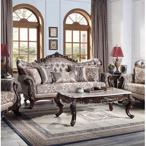 Acme Benbek Fabric & Antique Oak Sofa with 5 Pillows