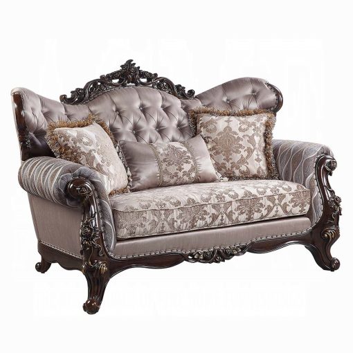 Acme Benbek Fabric & Antique Oak Loveseat with 3 Pillows - Image 2