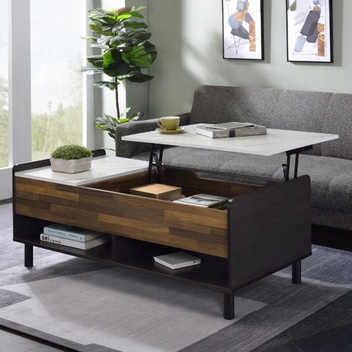Acme Axel White Printed Faux Marble Top, Walnut & Black Coffee Table with Lift Top