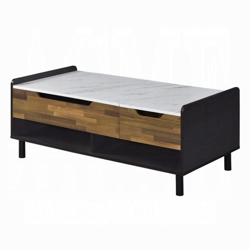 Acme Axel White Printed Faux Marble Top, Walnut & Black Coffee Table with Lift Top - Image 2