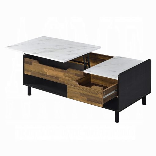 Acme Axel White Printed Faux Marble Top, Walnut & Black Coffee Table with Lift Top - Image 5