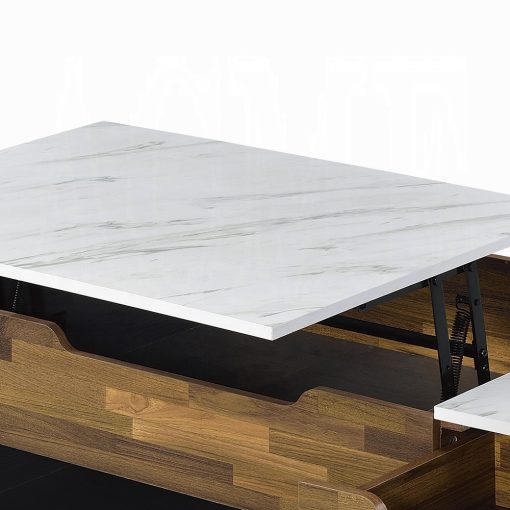 Acme Axel White Printed Faux Marble Top, Walnut & Black Coffee Table with Lift Top - Image 6