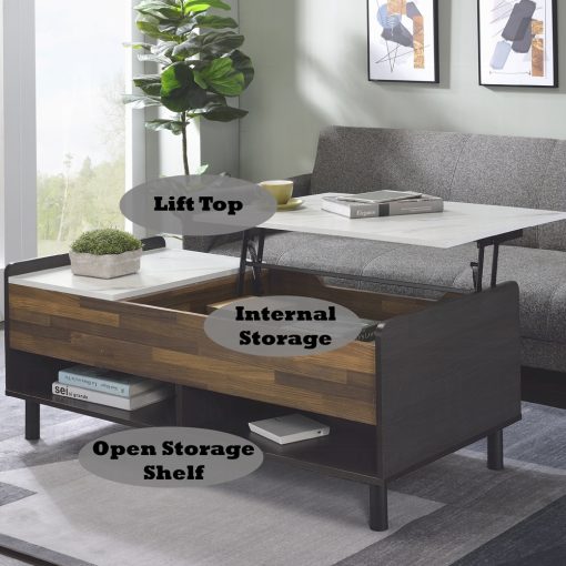 Acme Axel White Printed Faux Marble Top, Walnut & Black Coffee Table with Lift Top - Image 10