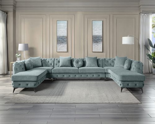 Acme Zerah Dusty Blue Fabric Sectional Sofa with 7 Pillows