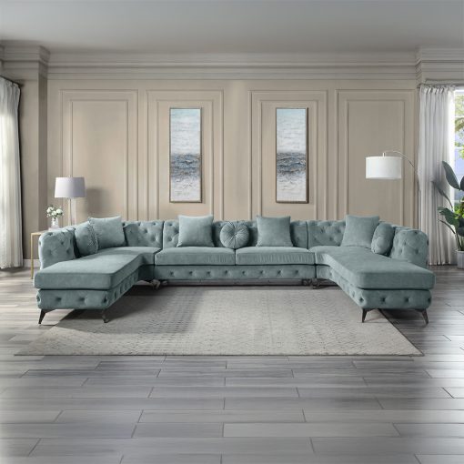 Acme Zerah Dusty Blue Fabric Sectional Sofa with 7 Pillows