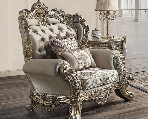 Acme Danae Fabric, Champagne & Gold Chair with 2 Pillows