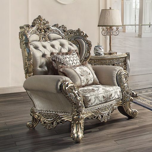 Acme Danae Fabric, Champagne & Gold Chair with 2 Pillows