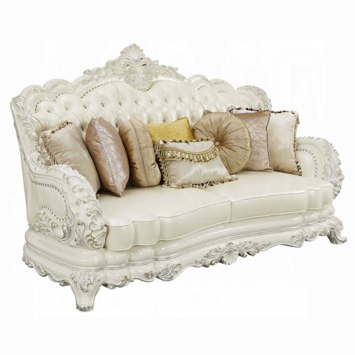 Acme Adara Pearl White Synthetic Leather & Antique White Sofa with 7 Pillows - Image 2