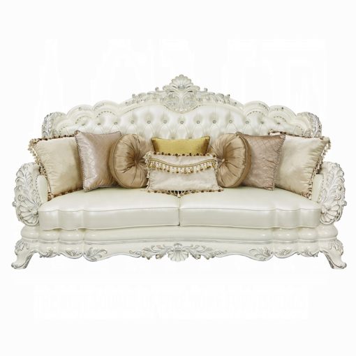 Acme Adara Pearl White Synthetic Leather & Antique White Sofa with 7 Pillows - Image 3