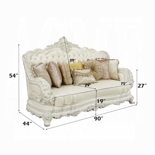 Acme Adara Pearl White Synthetic Leather & Antique White Sofa with 7 Pillows - Image 6