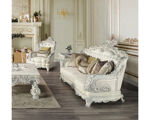Acme Adara Pearl White Synthetic Leather & Antique White Sofa with 7 Pillows