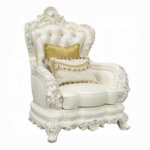 Acme Adara Pearl White Synthetic Leather & Antique White Chair with 2 Pillows - Image 2