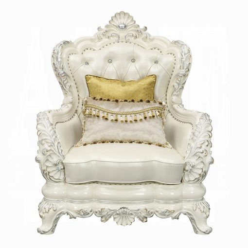 Acme Adara Pearl White Synthetic Leather & Antique White Chair with 2 Pillows - Image 3