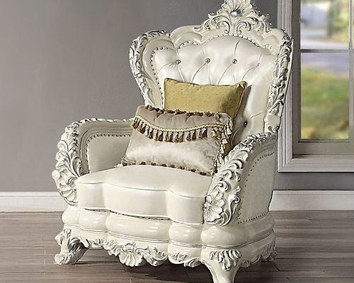 Acme Adara Pearl White Synthetic Leather & Antique White Chair with 2 Pillows