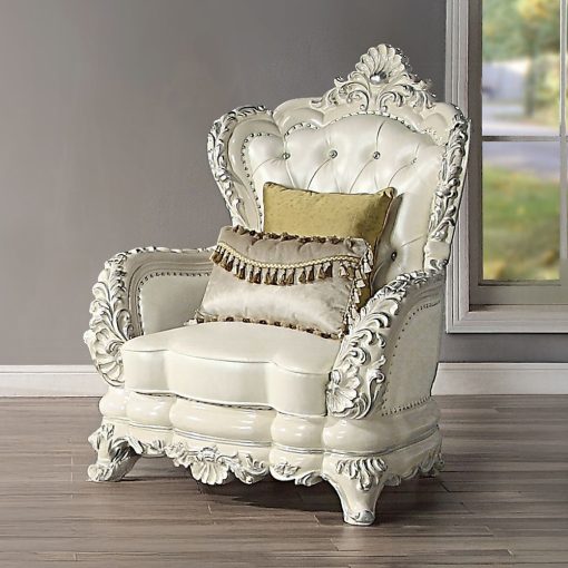 Acme Adara Pearl White Synthetic Leather & Antique White Chair with 2 Pillows