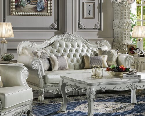 Acme Dresden Synthetic Leather & Bone White Sofa with 4 Pillows