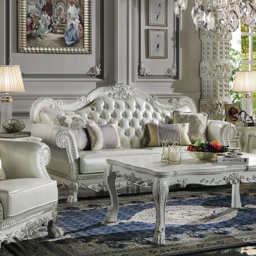 Acme Dresden Synthetic Leather & Bone White Sofa with 4 Pillows