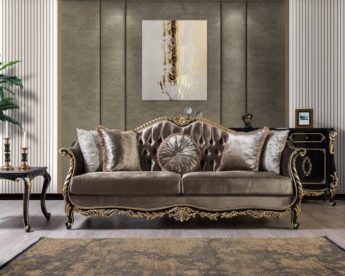 Acme Betria Light Green Velvet, Gold & Black High Gloss Sofa with 5 Pillows
