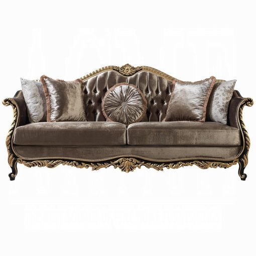 Acme Betria Light Green Velvet, Gold & Black High Gloss Sofa with 5 Pillows - Image 3