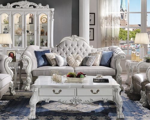Acme Dresden Synthetic Leather & Bone White Sofa with 7 Pillows