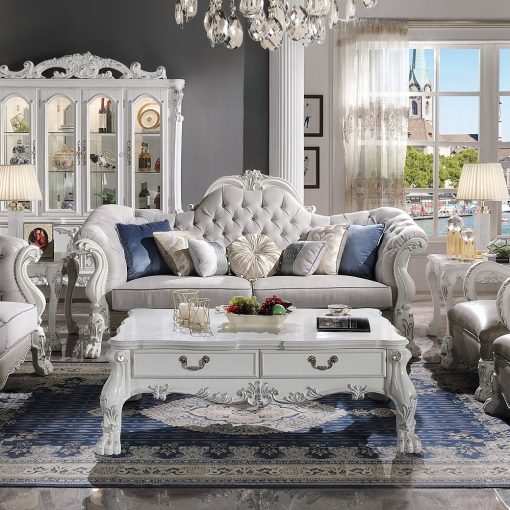 Acme Dresden Synthetic Leather & Bone White Sofa with 7 Pillows