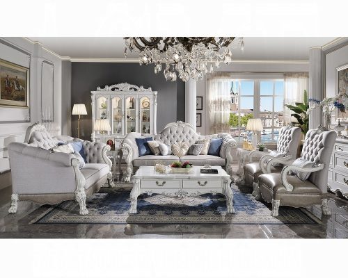Acme Dresden Synthetic Leather & Bone White Loveseat with 5 Pillows
