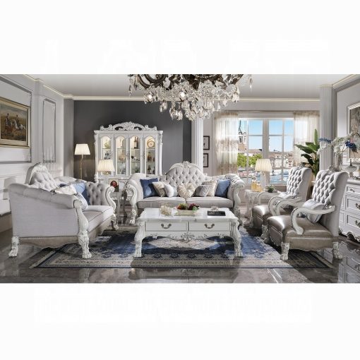 Acme Dresden Synthetic Leather & Bone White Loveseat with 5 Pillows