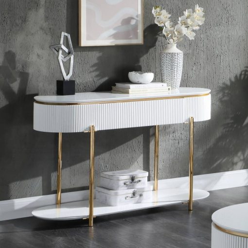 Acme Daveigh White High Gloss & Gold Sofa Table