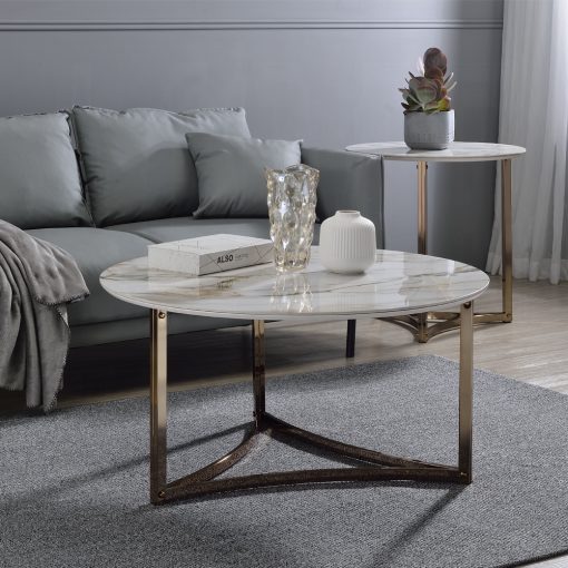 Acme Zaidee Sintered Stone & Champagne Round Table Top End Table - Image 5
