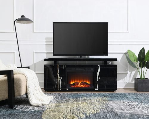 Acme Drisana Black Mirrored TV Stand with Fireplace