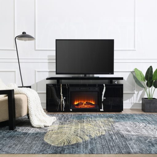 Acme Drisana Black Mirrored TV Stand with Fireplace