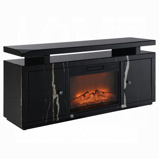 Acme Drisana Black Mirrored TV Stand with Fireplace - Image 2