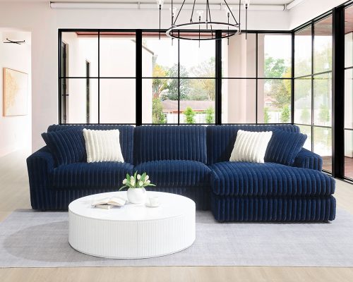 Acme Breton Blue Corduroy Sectional Sofa with 4 Pillows
