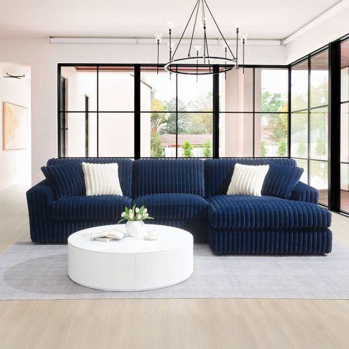 Acme Breton Blue Corduroy Sectional Sofa with 4 Pillows