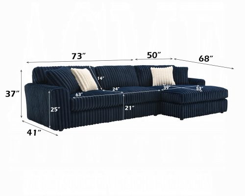 Acme Breton Blue Corduroy Sectional Sofa with 4 Pillows