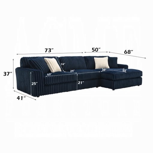 Acme Breton Blue Corduroy Sectional Sofa with 4 Pillows
