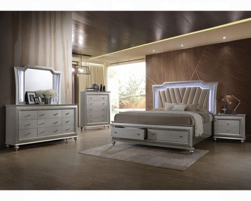 Acme Kaitlyn Synthetic Leather & Champagne Bed w/Storage & LED