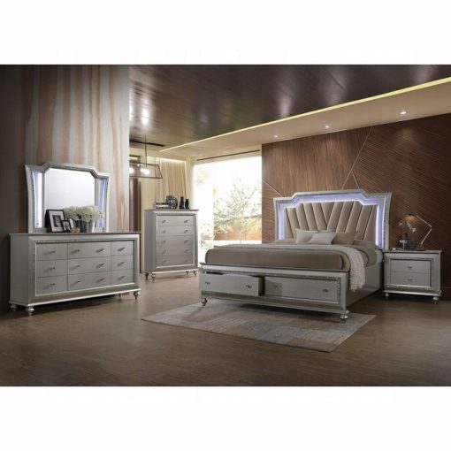 Acme Kaitlyn Synthetic Leather & Champagne Bed w/Storage & LED