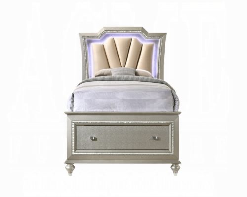 Acme Kaitlyn Synthetic Leather & Champagne Bed w/LED