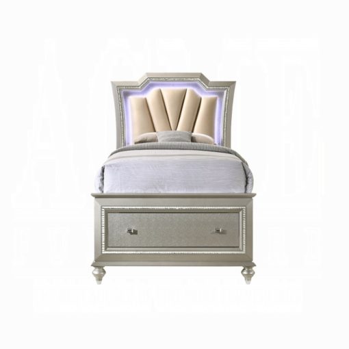 Acme Kaitlyn Synthetic Leather & Champagne Bed w/LED