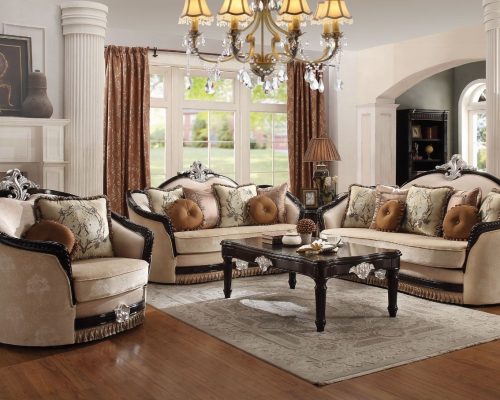 Acme Ernestine Tan Fabric & Black Sofa with 7 Pillows