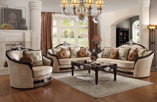 Acme Ernestine Tan Fabric & Black Sofa with 7 Pillows