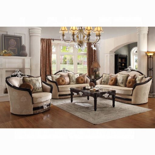 Acme Ernestine Tan Fabric & Black Loveseat with 6 Pillows