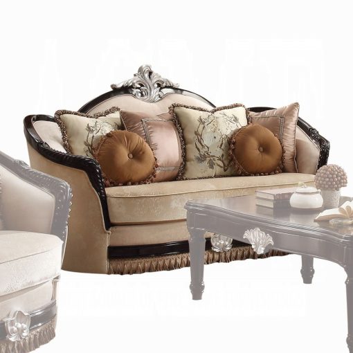 Acme Ernestine Tan Fabric & Black Loveseat with 6 Pillows - Image 2