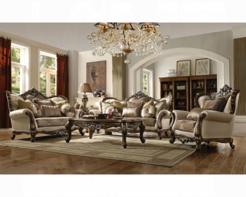Acme Latisha Tan, Pattern Fabric & Antique Oak Sofa w/8 Pillows(Same LV01576)