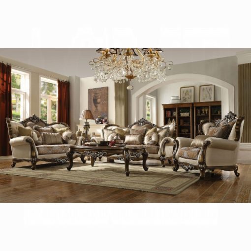 Acme Latisha Tan, Pattern Fabric & Antique Oak Sofa w/8 Pillows(Same LV01576)