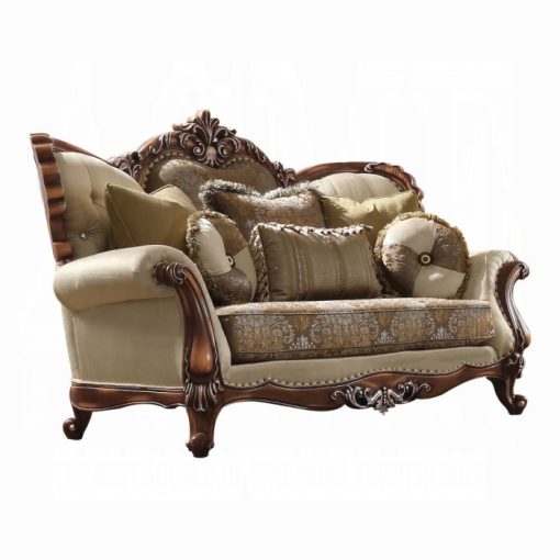 Acme Latisha Tan, Pattern Fabric & Antique Oak Loveseat w/6 Pillows(Same LV01577) - Image 2